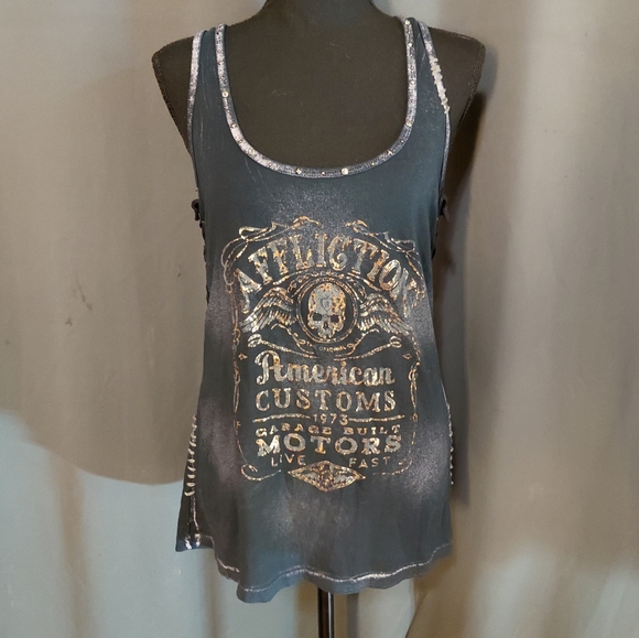 Affliction Tops - Affliction Gray Women's Distressed Lace Up Streetwear Tank Top Size Medium